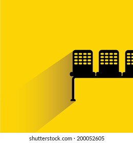 bench, chair in yellow background, flat and shadow style