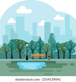 Bench in the city park, bench against the backdrop of the city landscape. Vector, designer illustration. Vector.