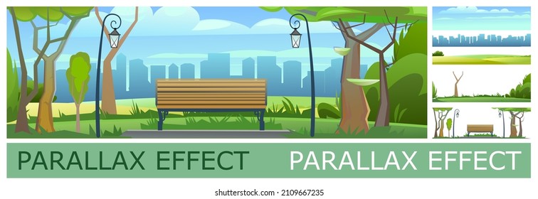 Una banca en el parque de la ciudad en el horizonte. Capas sólidas para plegado paralítico. Vector.