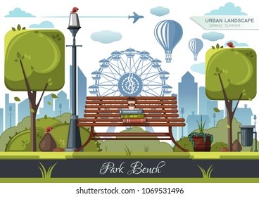 A bench in the city park in the background of a Ferris wheel. A wooden bench in the amusement park. Urban landscape. Vector illustration