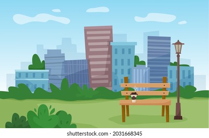 Bench in city park with skyscrapers background. Vector illustration