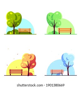 Bench in city park with tree isolated on white background. Set of seasonal vectors in flat style.