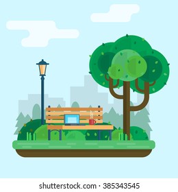 Bench with computer and cup under a tree in the park. Flat style vector illustration.