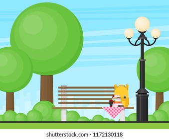 Bench with cup, bag and books in the park. Flat style vector illustration.