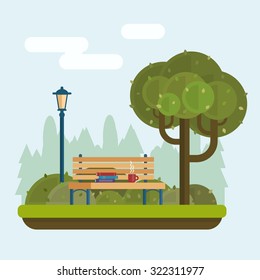 Bench with cup and books under a tree in the park. Flat style vector illustration.