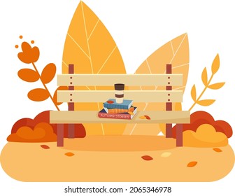 Bench with a cup of coffee, books, bushes, leaves in the park isolated on a white background. Autumn vector illustration for banner, poster. Flat style