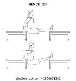 Bench dip exercise workout vector illustration outline on the white background. Vector illustration