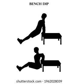 Bench dip exercise workout vector illustration silhouette on the white background. Vector illustration