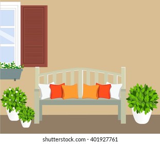 bench with flowerpots and window