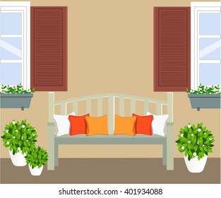 bench with flowerpots and window