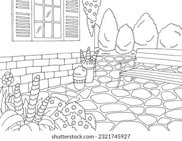 Bench in the garden graphic black white landscape sketch illustration vector