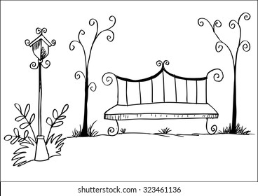 Bench in the garden. Hand drawn vector illustration