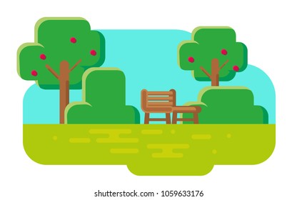 Bench in green public garden flat graphic style background