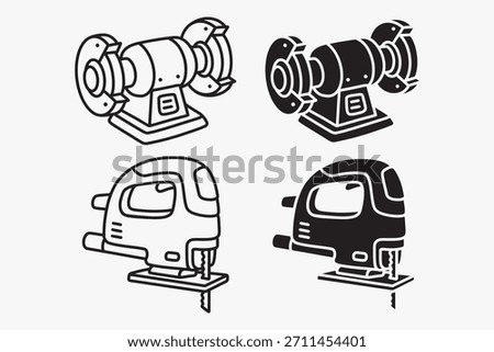 Bench grinder, Grinding wheel, Grinder tool outline icon set. Jigsaw, Power saw silhouette element pack. Workshop, Industrial, Fabrication, Repair, Garage, Factory, Carpentry. Vector illustration.