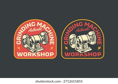 Bankschleifer mit Sicherheitsschild Retro-Badge Logo Design-Set für die Werkstatt. Schleifmaschine Vintage Emblem Illustrationspaket für industrielle. Schleifwerkzeug rustikale Patch-Element-Design für Maschinen