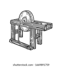 Bench grinder sketch engraving vector illustration. T-shirt apparel print design. Scratch board imitation. Black and white hand drawn image.