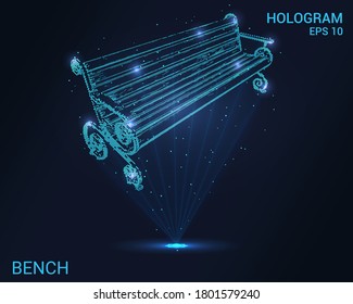 The bench is a hologram. A holographic projection of a bench. A flickering energy stream of particles. The scientific design of the bench.
