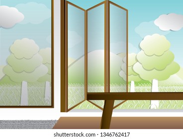 Bench in the house Open the door to see the natural view outside the house.
