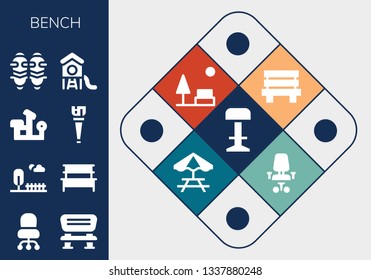 bench icon set. 13 filled bench icons.  Collection Of - Stool, Desk chair, Bench, Park, press, Wooden leg, Shin guards, Picnic table