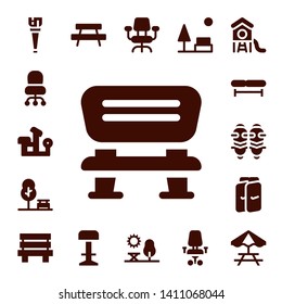 bench icon set. 17 filled bench icons.  Simple modern icons about  - Wooden leg, Desk chair, Bench press, Park, Shin guards, Stool, Picnic table