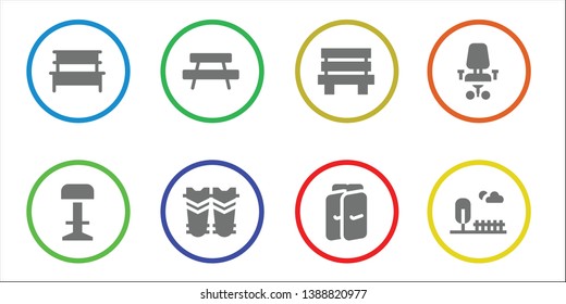 bench icon set. 8 filled bench icons.  Collection Of - Bench, Stool, Shin guards, Desk chair, Park