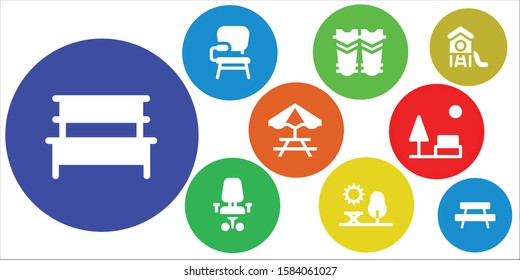 bench icon set. 9 filled bench icons.  Simple modern icons about  - Bench, Desk chair, Shin guards, Park, Picnic table
