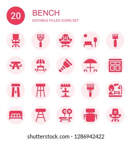 bench icon set. Collection of 20 filled bench icons included Desk chair, Rake, Park, Picnic table, Wooden leg, Furniture, Stool, Bench