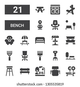 bench icon set. Collection of 21 filled bench icons included Bench, Desk chair, Park, Stool, Rake, Picnic table, Furniture, press
