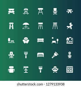 bench icon set. Collection of 25 filled bench icons included Furniture, Desk chair, Rake, Stool, Wooden leg, Bench, Park, Bench press, Picnic table