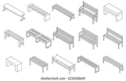 Bench icons set. Isometric set of bench vector icons outline vector on white background