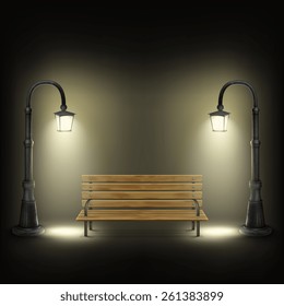 Bench Illuminated By Street Lamps. Vector Illustration.