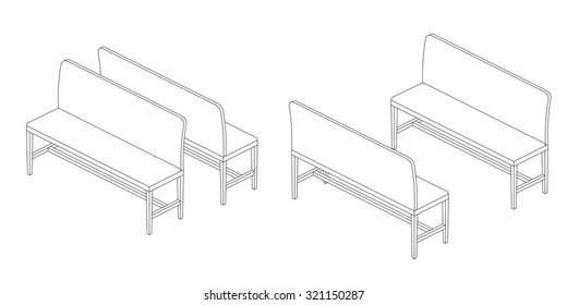 Bench illustration outline set, perspective 3d isometric views black and white color