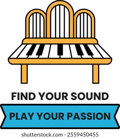 A bench with a keyboard on it that says find your sound play your passion