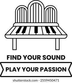 A bench with a keyboard on it that says find your sound play your passion