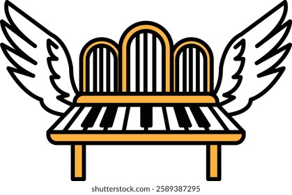 A bench with a keyboard on it and wings on top of it. The bench is orange and white