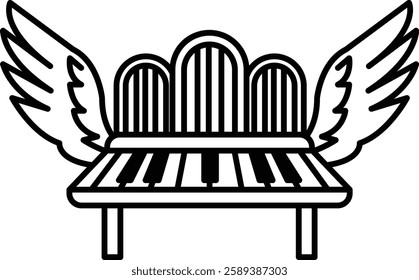 A bench with a keyboard on it and wings on top of it