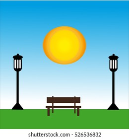 Bench with lamp at day with sun. Vector Illustration.