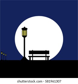 Bench with lamp at night with moon. Vector Illustration.