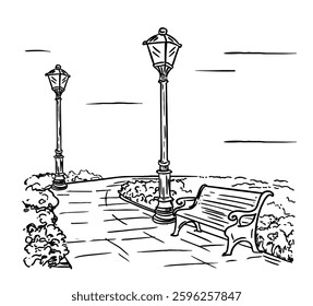 Bench and a lamp in the park. Lanterns on the sidewalk along the road in the park. Vector illustration