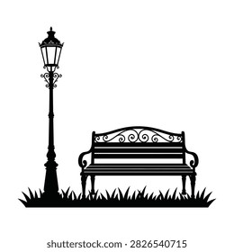 A bench and lamp post in a park with grass, outdoor seating area, relaxation spot