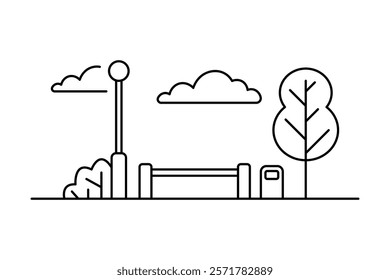 Bench, lamppost and urn icon. Black outline linear silhouette. Editable strokes. Front view. Vector simple flat graphic illustration. Isolated object on white background. Isolate.