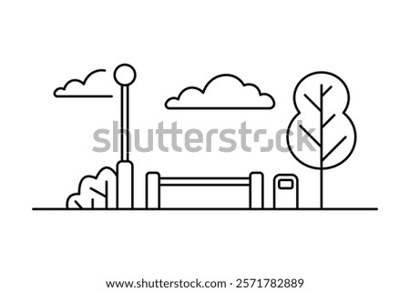 Bench, lamppost and urn icon. Black outline linear silhouette. Editable strokes. Front view. Vector simple flat graphic illustration. Isolated object on white background. Isolate.