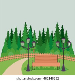 Bench with lamps pine trees and landscape icon. Good day in the park theme. Colorful design. Vector illustration