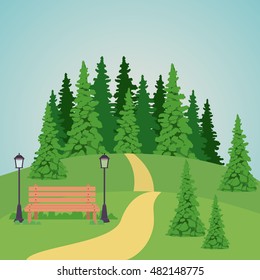 Bench with lamps pine trees and landscape icon. Good day in the park theme. Colorful design. Vector illustration