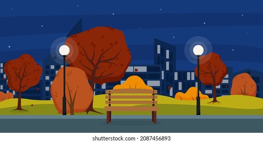 Bench and lanterns in the city park. Autumn in the park. Night park. Vector illustration.