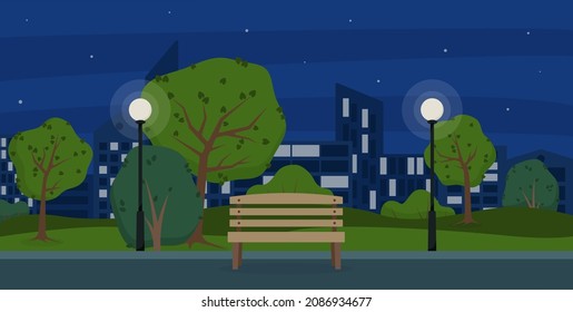 Bench and lanterns in the city park. Summer in the park. Night park. Vector illustration.