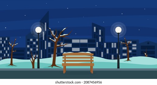 Bench and lanterns in the city park. Winter in the park. Night park. Vector illustration.