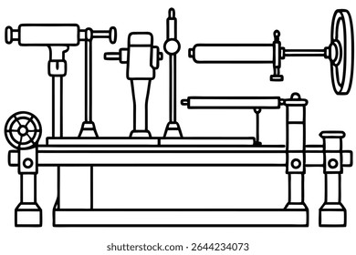 desenho de arte de linha de torno de banco representando mecânica de trabalho e features.eps