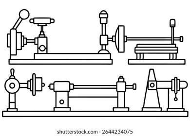 desenho de arte de linha de torno de bancada destacando ferramentas de corte e modelagem de precisão.eps
