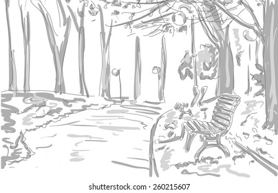 bench, lights, trees in the park, draw graphic design. vector illustration.